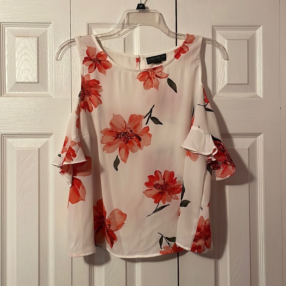 White Flowy Floral Open Shouldered Top